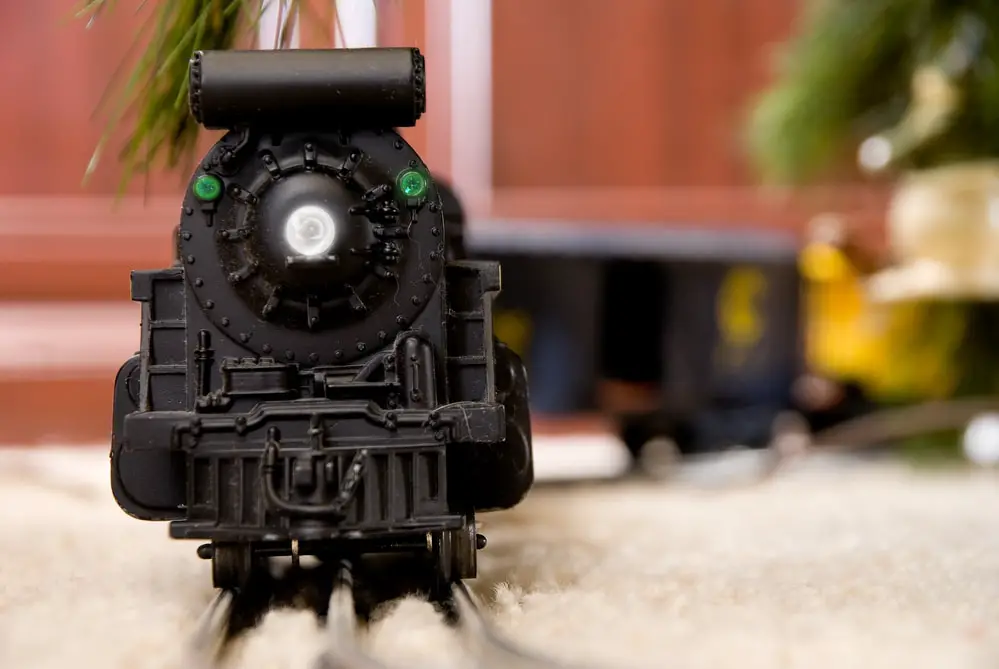 model train on track at christmas time