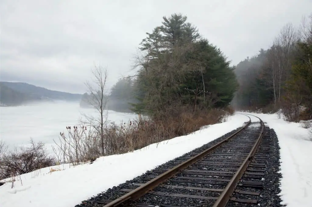 maine railway tracks in the snow
