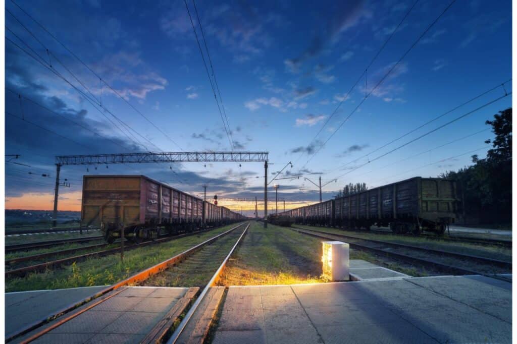 cargo train railway at night