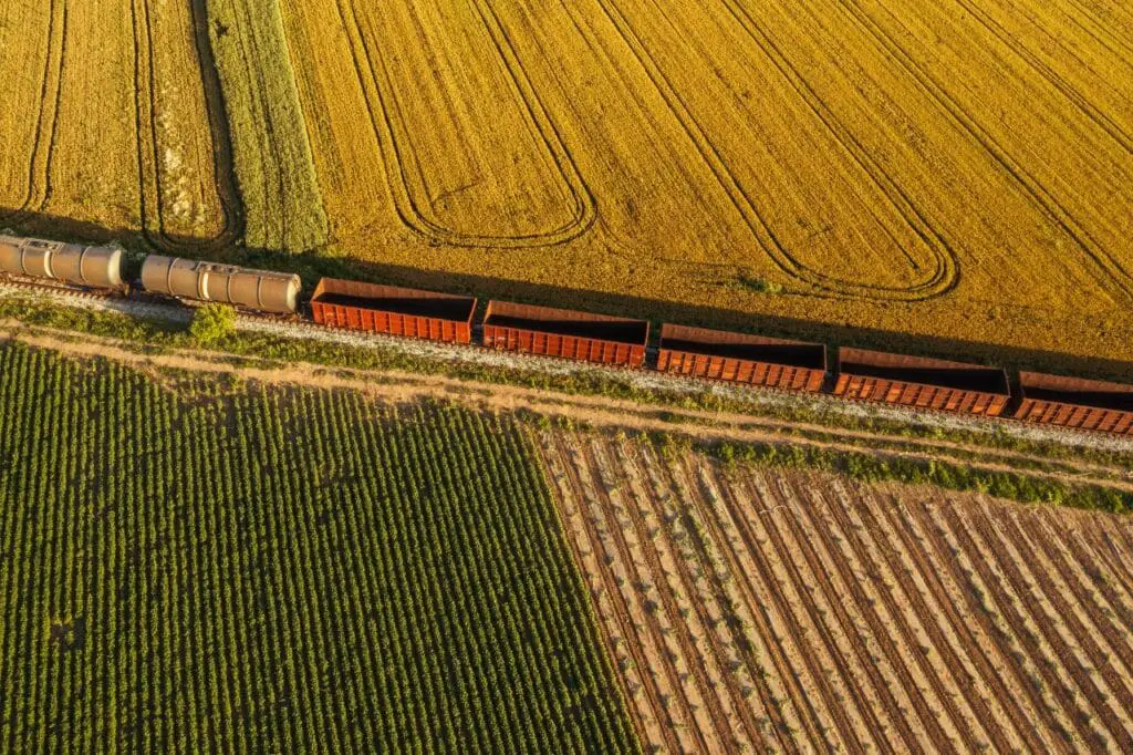 aerial view of freight trains