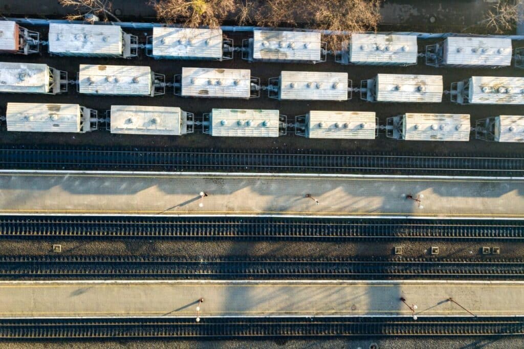 aerial view of cargo trains