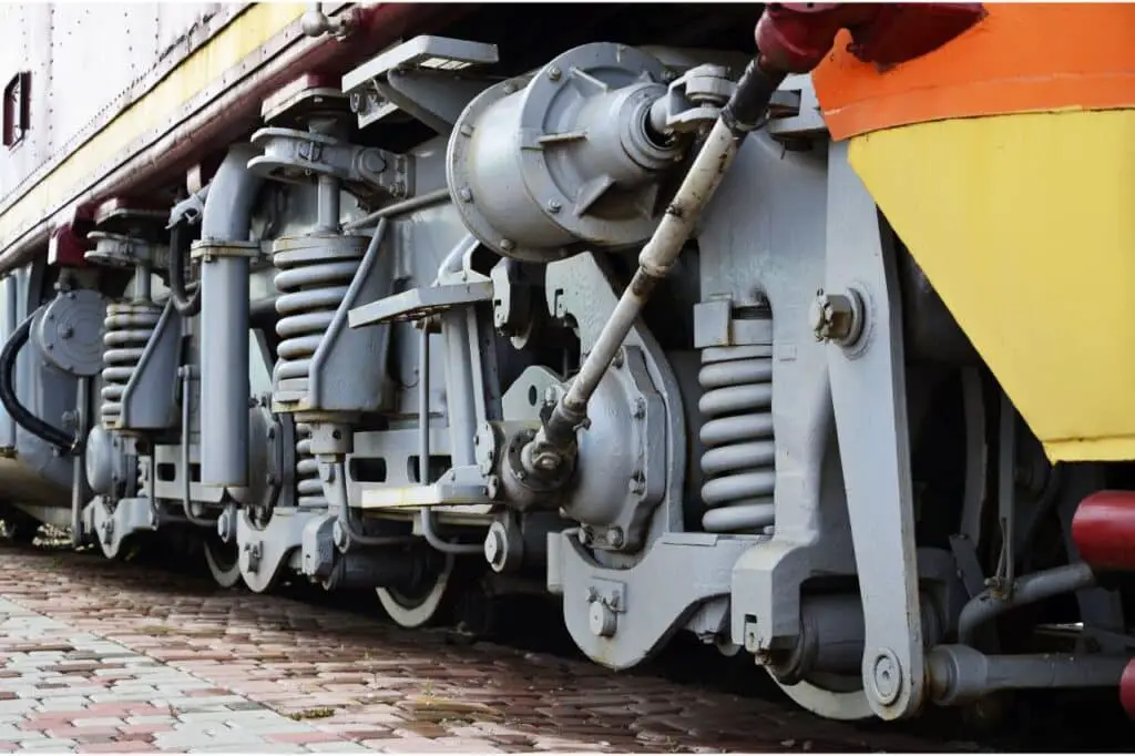 close up of freight train wheels