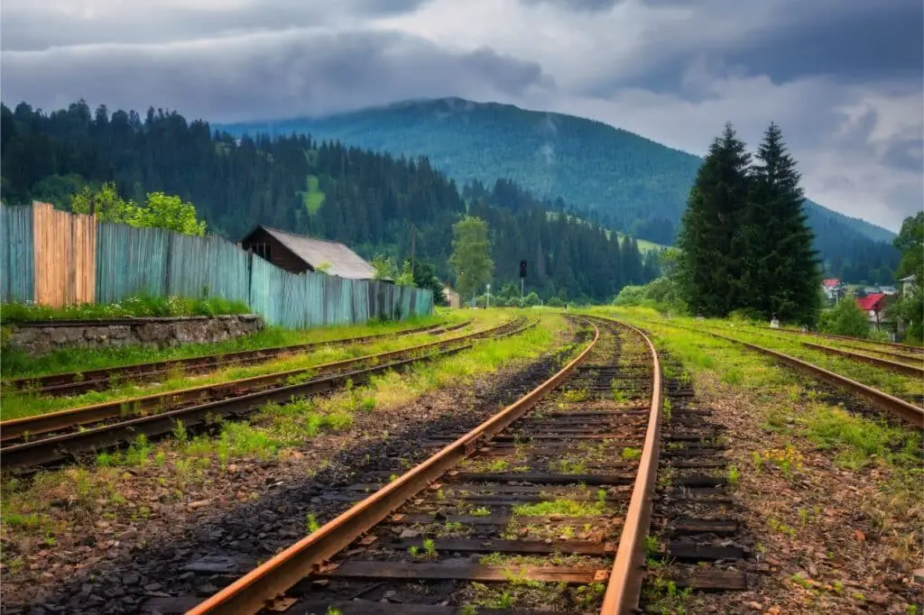 railroad tracks with mountain scenery