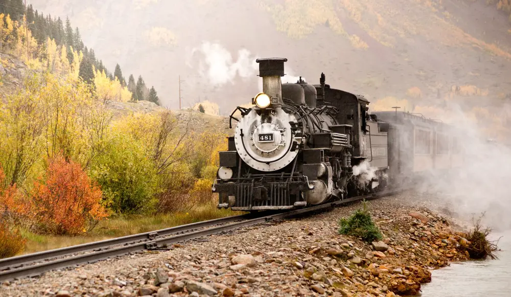 durango and silverton steam train on the tracks