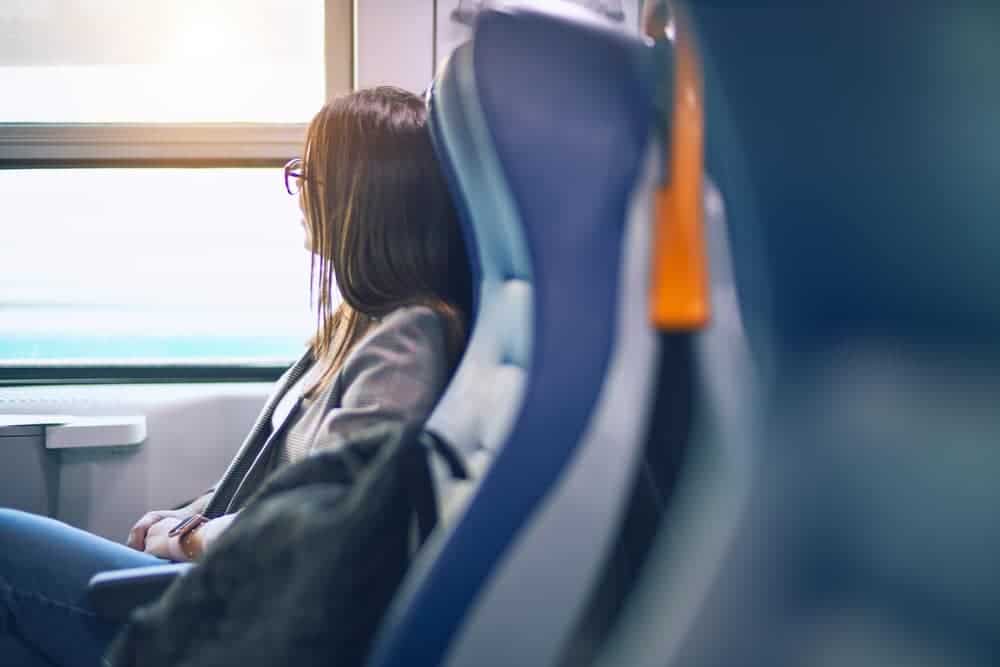 Young beautiful woman smiling happy and confident. Sitting with smile on face travelling by train woman travelling by train