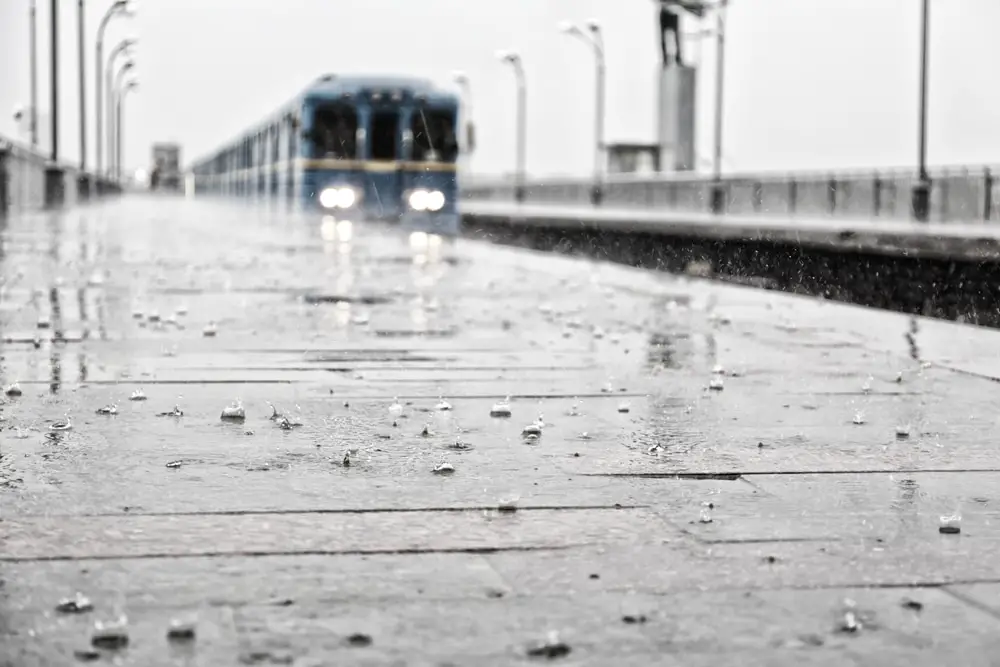 railway station on rainy day