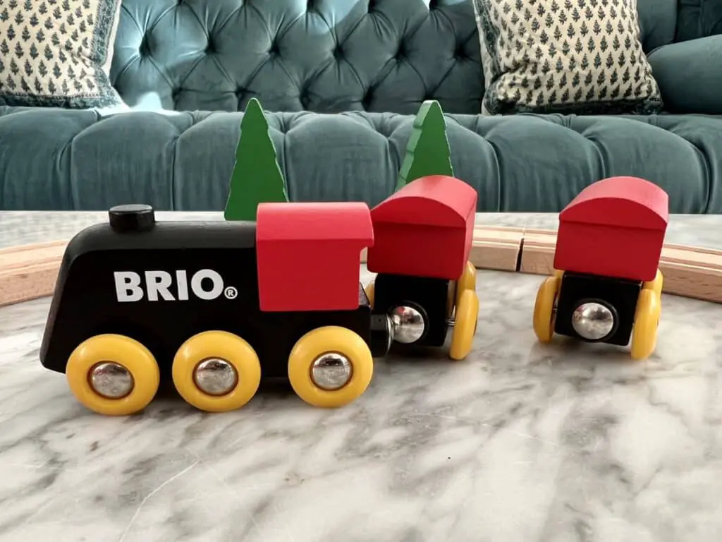 brio wooden train black and red